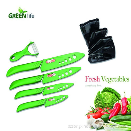 6 in 1 Ceramic Cuterly Knife Set With Green ABS+TPR Handle and Flower Painted Blade